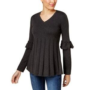 Style & Co. Ruffle Sleeve Pleated Charcoal V-Neck Sweater Size Medium
